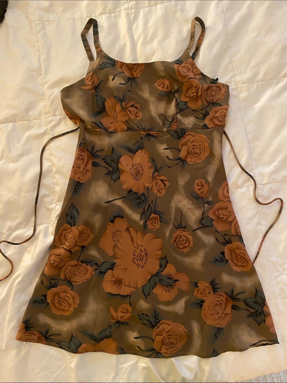 Satin Floral Mini Dress in Rust Floral